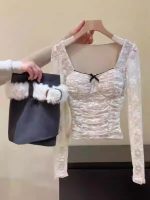 Elegant Pleated Lace Long Sleeve Top - Image 3