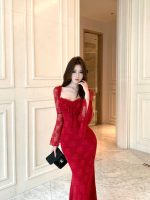Women's Lace Hollow Square Neck Flared Sleeve Slim Bodycon Dress - Image 13