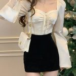 Women’s French Style Patchwork Square Neck White Blouse – Unique Short Fit Long Sleeve Winter Top