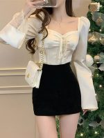 Women’s French Style Patchwork Square Neck White Blouse – Unique Short Fit Long Sleeve Winter Top