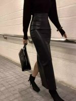 Black PU Leather High-Waist Midi Skirt – Sexy Slimming Bodycon Skirt with Slit for Spring - Image 5