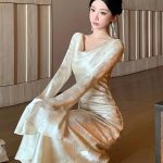 Satin Low-Neck Flared Sleeve Bodycon Dress