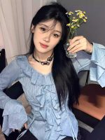 Women’s V-Neck Ruffle Long Sleeve Shirt – 2025 Spring Summer Slim Fit Sun Protection Top - Image 3