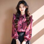 Rose Red Butterfly Print Puff Sleeve Top – Women's Flying Sleeve Blouse - Image 3