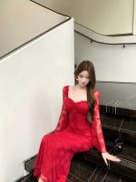 Women's Lace Hollow Square Neck Flared Sleeve Slim Bodycon Dress - Image 2