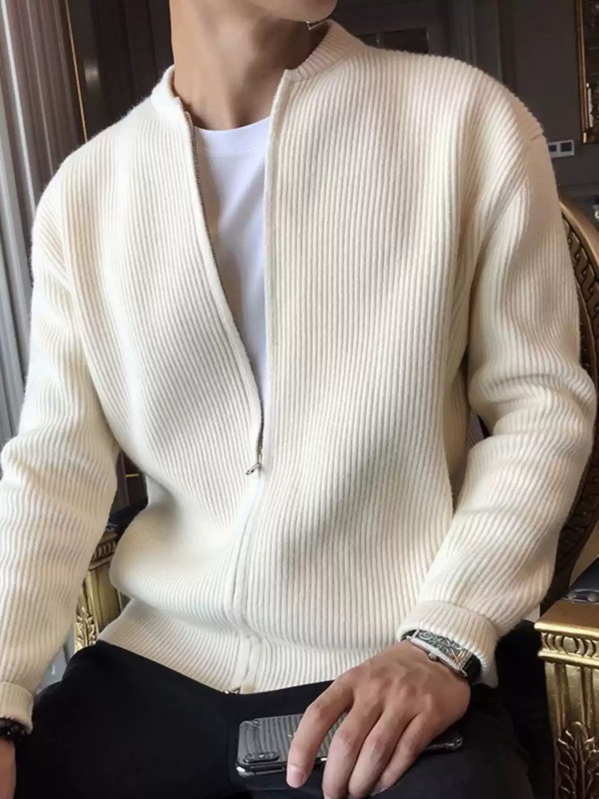 O1CN01UrGPXh1kc1gouCGtD__808624703_jpg_q50_jpg Men’s Double-Zip Solid Knit Cardigan - Image 1