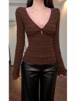V-Neck Lace Knit Top for Women – Faux Two-Piece Long Sleeve - Image 6