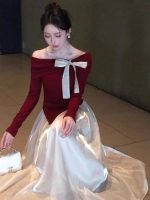 Red Off Shoulder Knit Top Women Slim Fit Elegant Base Layer - Image 5