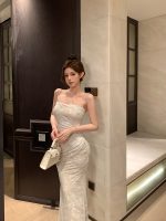 Women's White Lace Backless Ruched Camisole Bodycon Maxi Dress - Image 6