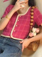 Plum Purple French Style Cropped Jacket – Vintage Woven Short Sleeve Chanel-Inspired Top - Image 5
