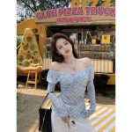 Blue Plaid One-Shoulder Mesh Long Sleeve T-Shirt for Women – Slim Fit Off-Shoulder Top - Image 4