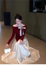 Red Off Shoulder Knit Top Women Slim Fit Elegant Base Layer - Image 2