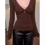 V-Neck Lace Knit Top for Women – Faux Two-Piece Long Sleeve - Image 5