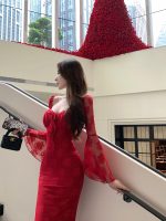 Women's Lace Hollow Square Neck Flared Sleeve Slim Bodycon Dress - Image 8