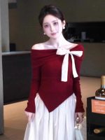 Red Off Shoulder Knit Top Women Slim Fit Elegant Base Layer - Image 4