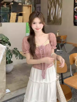 French Retro Lace 3D Rose Cropped Shirt – 2025 Summer Square Neck Top - Image 2