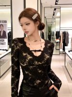 Women’s Slim Fit Lace V-Neck Pullover Top – 2026 Winter Long Sleeve Elegant Base Layer Shirt - Image 2