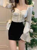Women’s French Style Patchwork Square Neck White Blouse – Unique Short Fit Long Sleeve Winter Top - Image 2