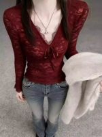 Red Brushed Lace Long Sleeve Top for Women - Image 4