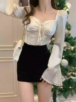 Women’s French Style Patchwork Square Neck White Blouse – Unique Short Fit Long Sleeve Winter Top - Image 7