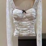 Elegant Pleated Lace Long Sleeve Top