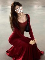 Red Square Neck Bodycon Long Dress for Women Inner Layer Elegant Slim Fit Dress