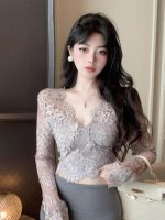 Women’s Sexy V-Neck Lace Crop Top Slim Fit Solid Color Long Sleeve Shirt - Image 6