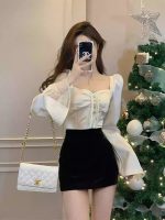 Women’s French Style Patchwork Square Neck White Blouse – Unique Short Fit Long Sleeve Winter Top - Image 5