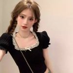Bow Square Neck Lace Crop Top