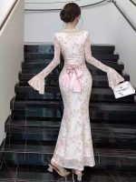 Lace Trim V-Neck Flared Sleeve Maxi Dress – Slim Fit Fishtail Elegant Evening Gown - Image 3