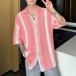 Color Block Hollow Knit Short Sleeve Cardigan - Image 13