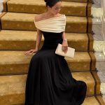 Women’s Color-Block Pleated Off-Shoulder Maxi Dress