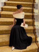 Women’s Color-Block Pleated Off-Shoulder Maxi Dress