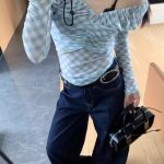 Blue Plaid One-Shoulder Mesh Long Sleeve T-Shirt for Women – Slim Fit Off-Shoulder Top - Image 2