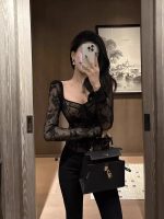 Square Neck Lace Bow Tie Long Sleeve Top – Elegant Slim Fit Autumn Blouse - Image 4