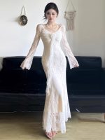 Women’s V-Neck Lace Patchwork Floral Long Sleeve Dress - Image 12