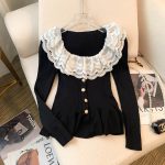 Korean Contrast Color Ruffle Button Sweater – Slim Fit French Style Top for Women - Image 7