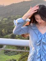 Women’s V-Neck Ruffle Long Sleeve Shirt – 2025 Spring Summer Slim Fit Sun Protection Top - Image 6