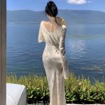 Women's Modern Style Long Sleeve Draped Bodycon Evening Dress - Image 5