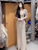 French Style Off Shoulder Bodycon Long Dress Women Elegant Fitted Base Dress - Image 6