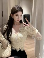 Women’s Sexy V-Neck Lace Crop Top Slim Fit Solid Color Long Sleeve Shirt - Image 2