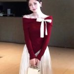 Red Off Shoulder Knit Top Women Slim Fit Elegant Base Layer
