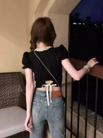 Bow Square Neck Lace Crop Top - Image 2