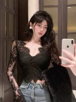Women’s Sexy V-Neck Lace Crop Top Slim Fit Solid Color Long Sleeve Shirt - Image 5