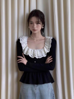 Korean Contrast Color Ruffle Button Sweater – Slim Fit French Style Top for Women - Image 3
