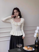 Korean Contrast Color Ruffle Button Sweater – Slim Fit French Style Top for Women - Image 6