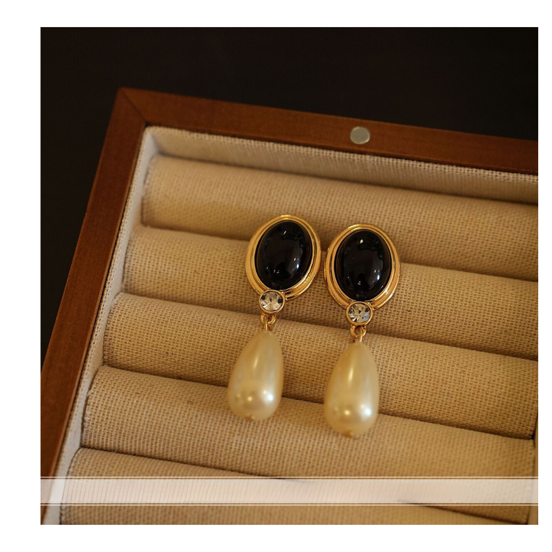 Untitled_design_7_59d93717-42bb-41bf-8f9e-3ccba18fa4a6 Zhong Chuxi-Inspired Luxury Black Marble Bead Mermaid Princess Hepburn Vintage Earrings. - Image 1