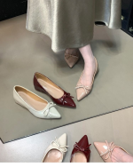 Nude Bow Mary Jane Flats – Pointed Toe Hidden Wedge Soft Leather Women’s Shoes