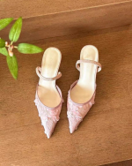 Ivory Floral Lace Kitten Heel Mules – Pointed Toe - Image 4