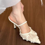 Ivory Floral Lace Kitten Heel Mules – Pointed Toe